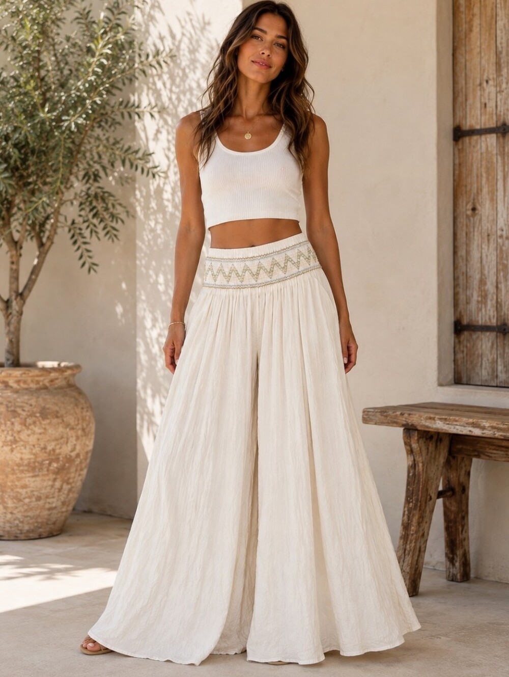 Ivory Boho Wide Leg Palazzo Pants Metallic Embroidered Smocked Waist